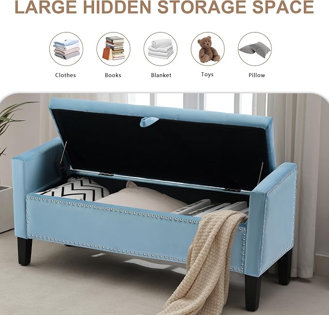 Velvet Storage Ottoman Bench, 46'' Upholstered Button Tufted End of Bed Bench, Modern Entryway Ottoman Bench with Arms, Light Blue
