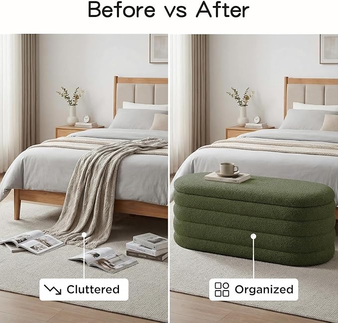 Storage Ottoman Bench, 45'' Upholstered Boucle Ottoman with Storage, Aesthetic End of Bed Bench for Bedroom Living Room Entryway, Green