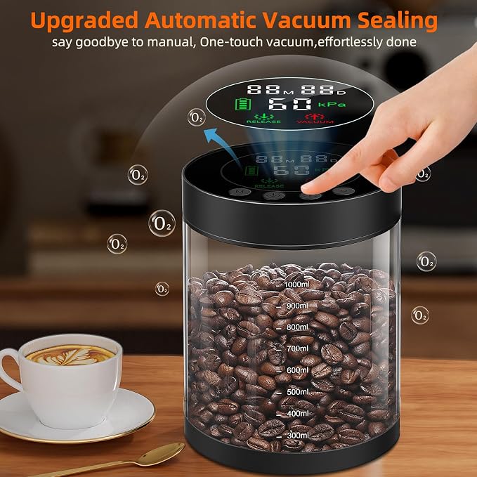 Electric Vacuum Coffee Canister, 1.3L Glass Airtight Food Storage Container | with Smart Pressure Sensor, Automatic Coffee Bean Container Rechargeable with LED Display Window for Kitchen Food Storage