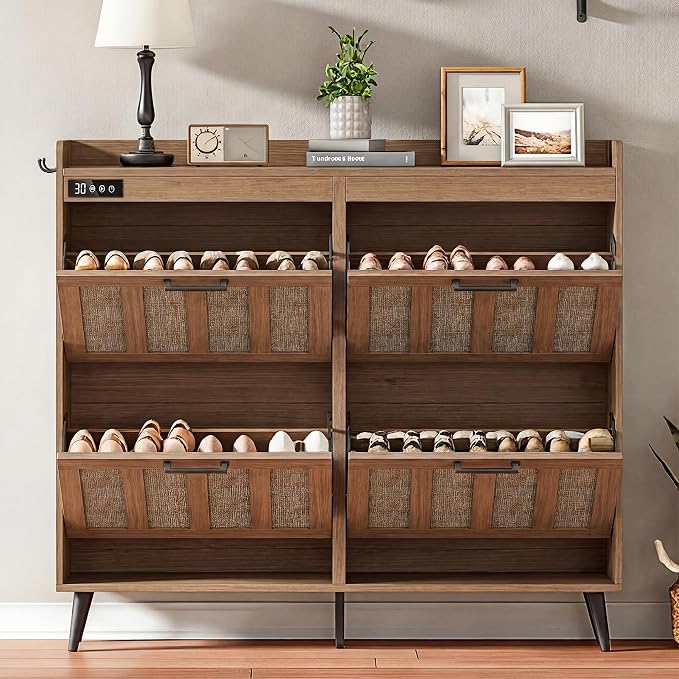 ChooChoo Shoe Storage Cabinet with 4 Flip Drawers and Deodorizer | Shoe Organizer Storage for Entryway, Freestanding Hidden Slim Narrow Shoe Rack Cabinet, Rustic Oak