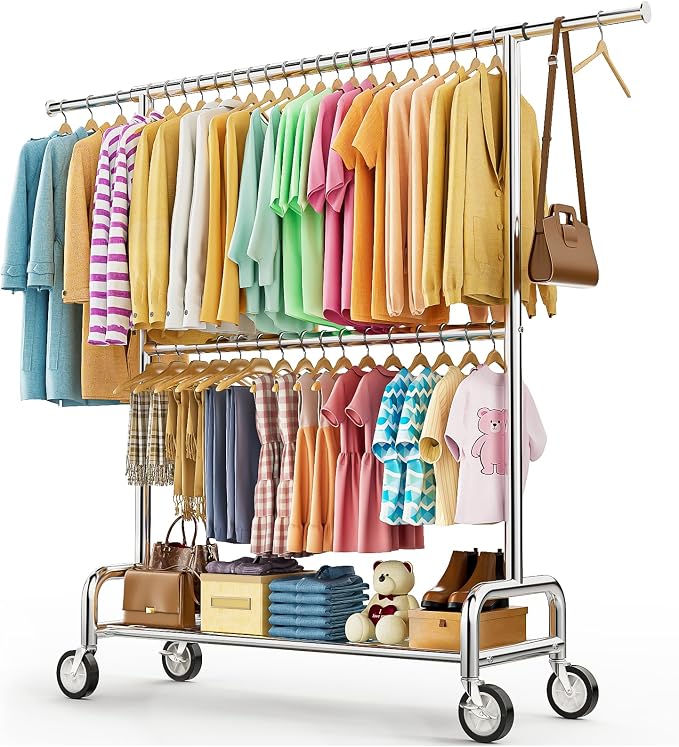 Heavy Duty Clothes Rack Load 860LBS, Double Rods Rolling Clothing Racks for Hanging Clothes, Rolling Garment Rack With Sturdy Wheels Shelves, Portable & Adjustable Commercial Garment Rack, Silver