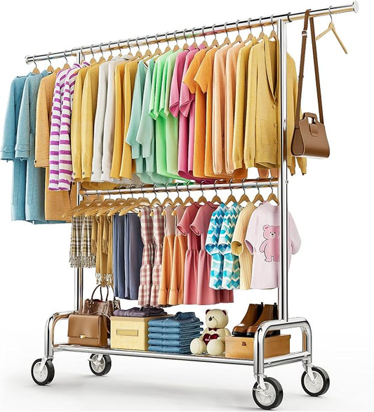Heavy Duty Clothes Rack Load 860LBS, Double Rods Rolling Clothing Racks for Hanging Clothes, Rolling Garment Rack With Sturdy Wheels Shelves, Portable & Adjustable Commercial Garment Rack, Silver