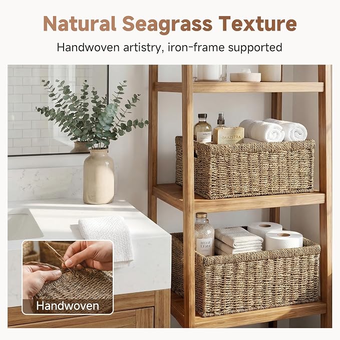 StorageWorks Wicker Storage Baskets, Handwoven Seagrass Basket for Organizing, Decorative Organizers with Built-in Handles, Set of 2