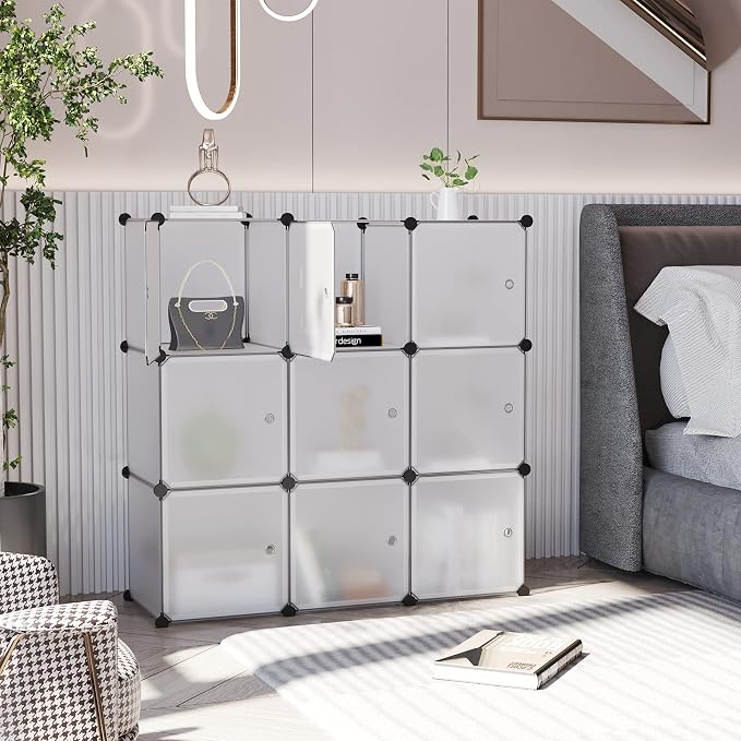 C&AHOME 9-Cube Storage Organizer with Door Cube Shelf Closet Cabinet White | DIY Plastic Modular Bookshelf, Stackable Clothes Storage Shelving Ideal for Home, Bedroom, 36.6”L x 12.4”W x 36.6”H