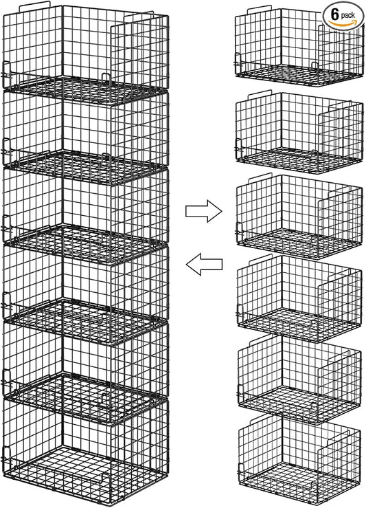 6-Tier Stackable Closet Organizers and Storage Basket - Foldable Closet Shelf Organizer System, Sturdy Metal Space-Saving Clothes Storage Bins for Wardrobe, Black
