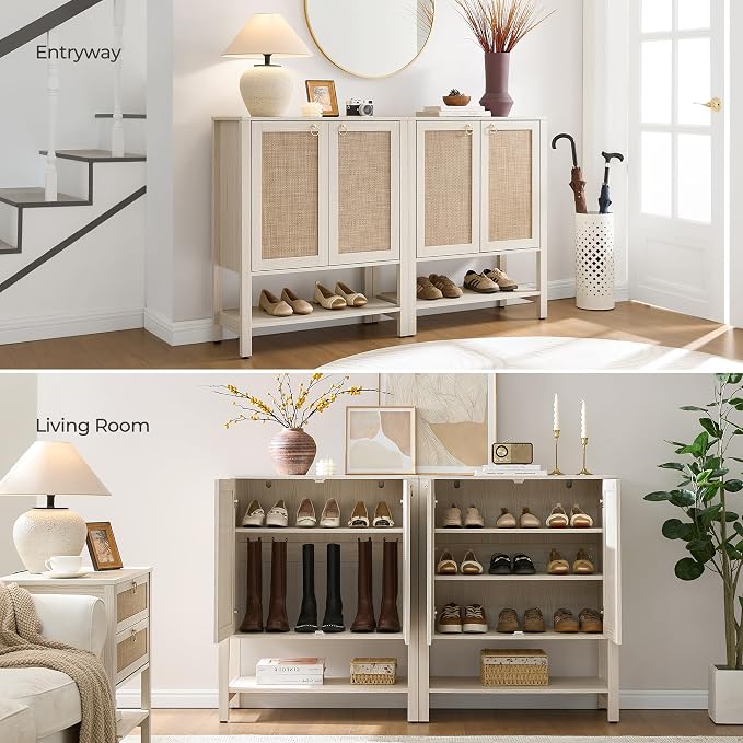 SICOTAS Rattan Shoe Cabinet with Storage, 5 Tier, 3 Pieces | Farmhouse Shoe Organizer with Doors & Shelves, Free Standing Shoe Rack Cabinet for Entryway, Living Room (White Cream Oak)