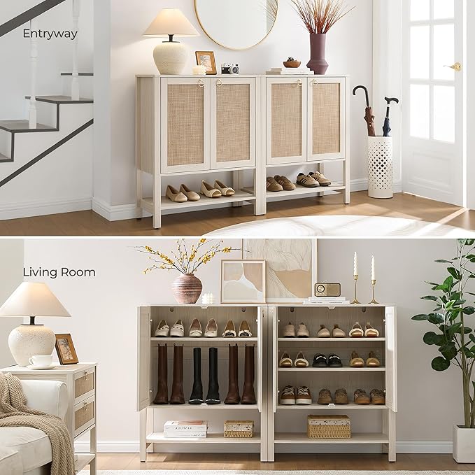 SICOTAS Shoe Storage Cabinet for Entryway, 5 Tier, 2 Pieces | Entry Shoe Organizer Cabinet with Shelves & Doors, Boho Shoe Rack for Hallway, Living Room, Closet (White Cream Oak)