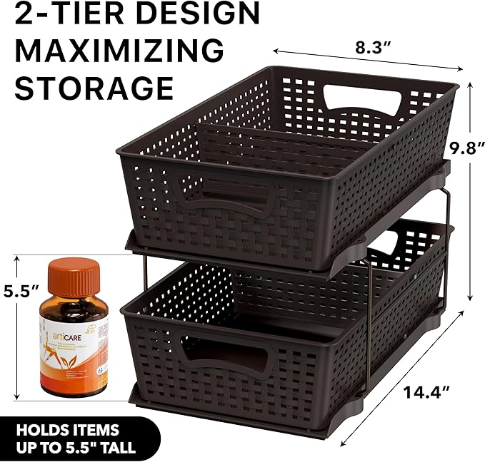 Simple Houseware 2 Tier Pull-Out Sliding Drawer Under Sink Storage, Brown | Great for Kitchen Bathroom Tray Shelf Organizer