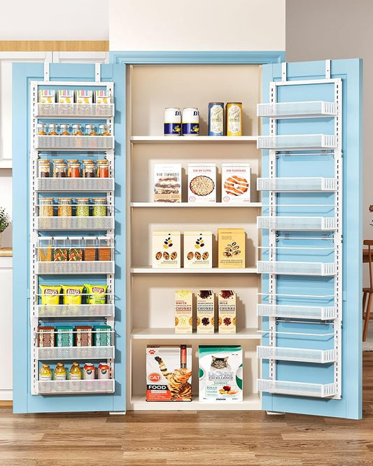 8 Tiers Over the Door Organizer - Height Adjustable Pantry Organizers and Storage with Dense Mesh Baskets, Anti-Swing Hanging Door Spice Rack for Kitchen Bathroom (White, 12.3"W x 4.7"D x 69"H)