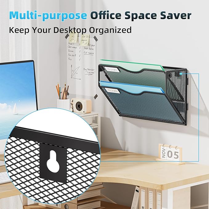 Marbrasse Wall File Holder 2-Tier Hanging Wall File Organizer, Mesh Mail Holder for Papers, Wall Mount File Clipboard & Magazine Organizer Great for Office Home (Black)
