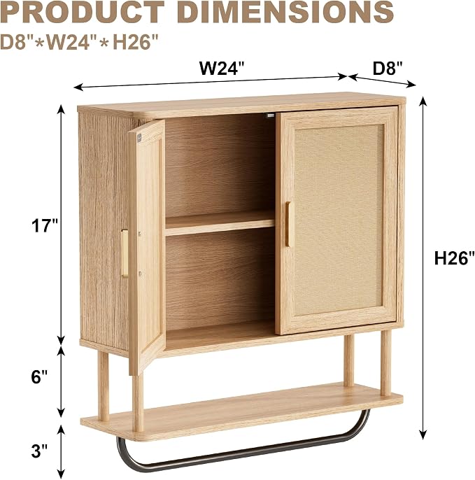 INNOD Rattan Bathroom Wall Cabinet with Towel Bar, Wall-Mounted Medicine Cabinet with Adjustable Wood Shelf & Doors, Over the Toilet Storage Cabinet for Laundry Room & Kitchen & Living Room