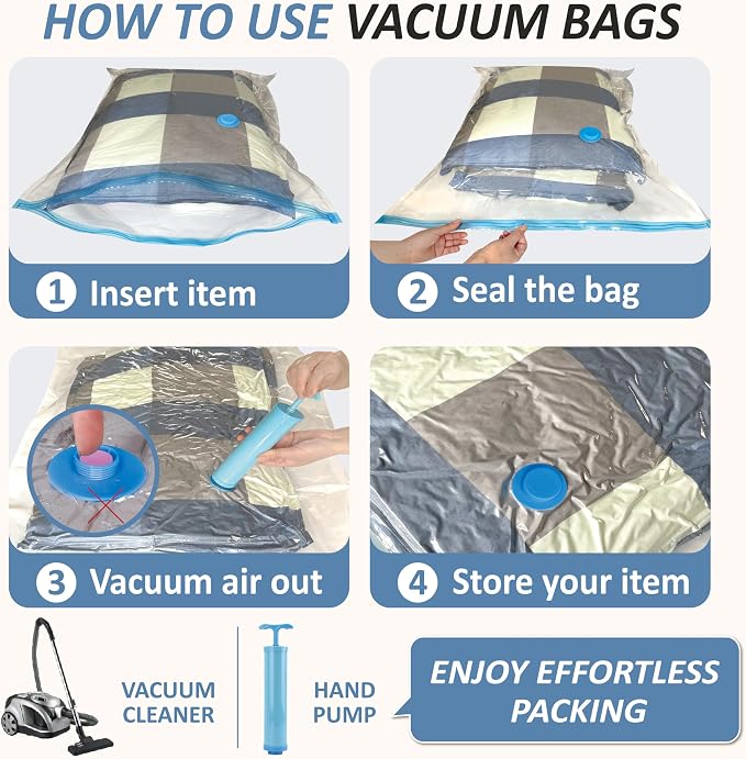 Cozy Essential Vacuum Storage Bags, 80% Compression Vacuum Seal Space Saver Plastic Packaging Bags for Clothes, Blankets, Pillow, Bedding, Comforters, Sealer Clothing Storage,12 Small