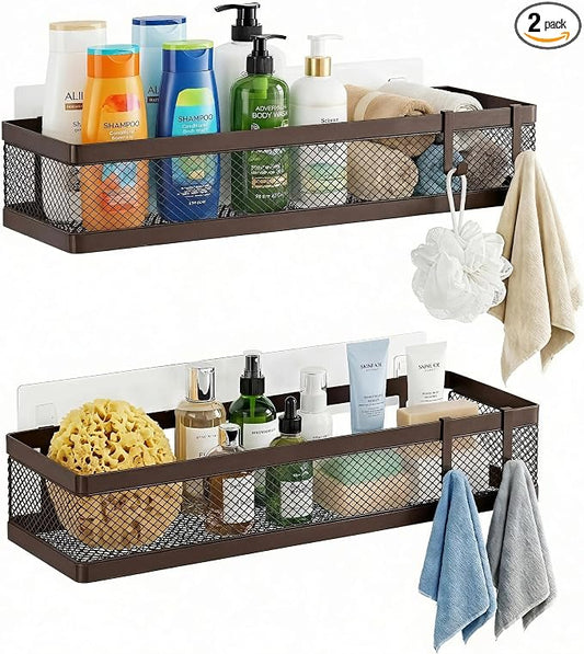 PUSDON 16.5-Inch Extra Long Slim Mesh Shower Caddy, Wall Mounted Bathroom Organizer with Adhesive, Heavy Duty Rustproof Shelf for Narrow Kitchen Pantry & RV, Holds 50 LBS Bronze -2 Packs Netting