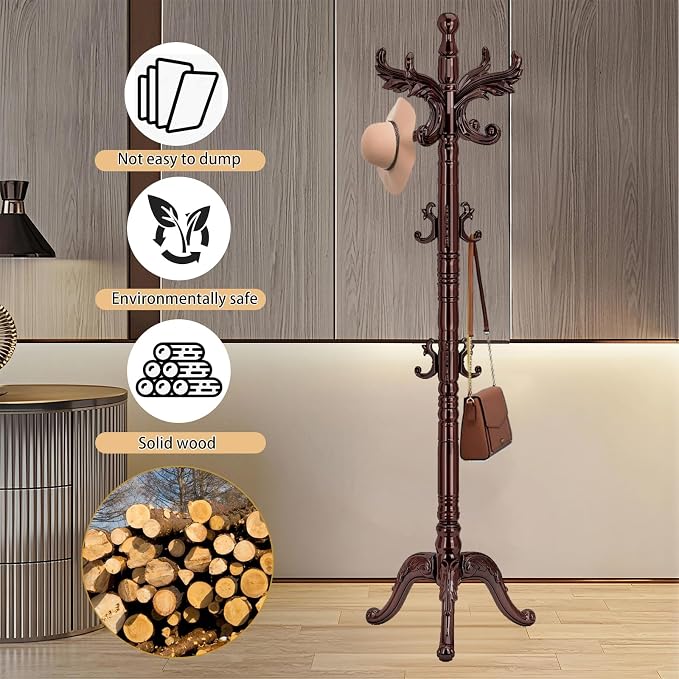 Wood Coat Rack Stand Vintage Coat Rack Freestanding with 14 Hooks | Solid Wood Coat Rack with Triangl Base,Wooden Coat Hanger Stand,Classic Coat Clothes Tree Stand for Office