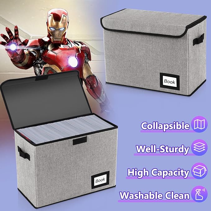 2 Pack Comic Book Storage Box, Protector Organizer, 15.8" X 7.8" X 11.8", Collapsible Short Box, Holds 160-180 Books, Heavy Duty Container Holder Shelf Bin (Grey)