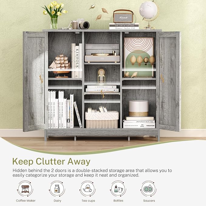 Iwell Storage Cabinet with 2 Doors and 4 Adjustable Shelves, Buffet Cabinet with Storage, Floor Cabinet for Living Room, Entryway, Kitchen, Rustic Gray