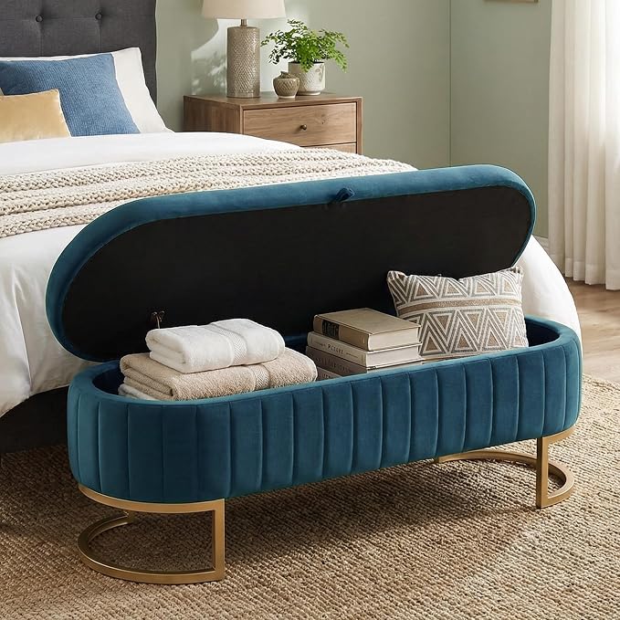 51" Velvet Storage Ottoman Bench End of Bed for Bedroom Entryway Dark Blue