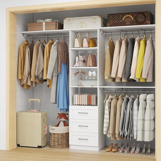 Dilando Closet Organizer System with Drawers, 5FT - 7.61FT Closet Shelving System Walk in Wood Corner Closet Storage System with 4 Shelves Custom Hanging Rods Heavy Duty Wall Mount, White