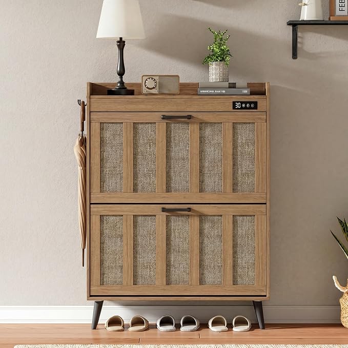 ChooChoo Shoe Storage Cabinet with 2 Flip Drawers and Deodorizer | Shoe Organizer Storage for Entryway, Freestanding Hidden Slim Narrow Shoe Rack Cabinet, Rustic Oak