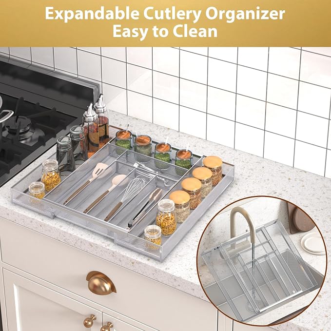 Sedegn Silverware Organizer Metal Mesh, Large Drawer Organizer, Utensil Cutlery Tray for kitchen drawers, Expandable Flatware Organizer with 8 Compartment Silver 11.6"~20" x 17.3"