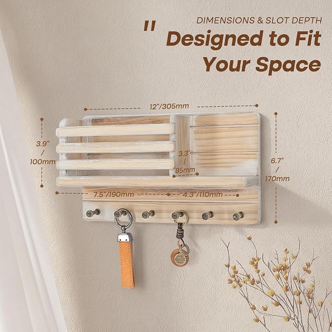 Rebee Vision Key Holder Wall Mount with Mail Slot for Room, Natural Wood | Key Holder for Wall, 8 Key Hooks for Hats, Floating Shelf, Mail Sorter, Plant Display, key Hanger Apartment Rustic Aesthetic