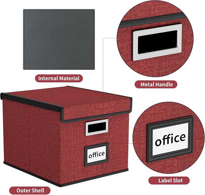 File Organizer Box with Lids, Collapsible File Folder Organizer | File Box with Plastic Slides for Office Document Storage, Filing Bin for Letter Size Hanging File Folders (1 Pack, Dark Red)