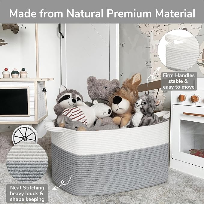 Goodpick Large Cotton Rope Toy Storage Basket, Rectangle, White Gray | 21.6 x 14.9 x 11.8 in, Reinforced Handles, Living Room, Nursery & Bedroom Organization, Toys, Blankets & Clothes Storage