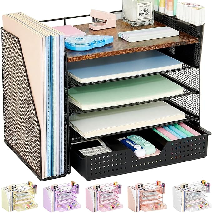 OPNICE Desk Organizer, 5-Tier Desktop File Organizer with Drawer and Pen Holders, Office Desk Accessories, File Sorters, Workspace Organizers for Office Supplies(Wood)