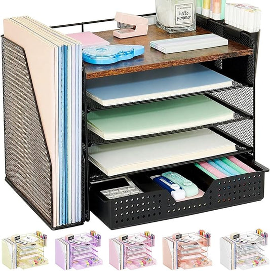 OPNICE Desk Organizer, 5-Tier Desktop File Organizer with Drawer and Pen Holders, Office Desk Accessories, File Sorters, Workspace Organizers for Office Supplies(Wood)