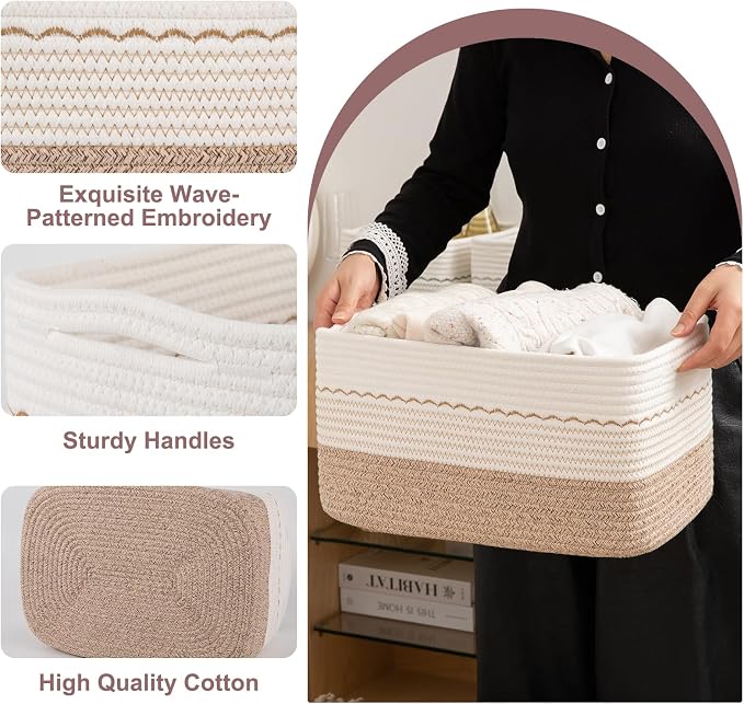 OIASKET 4 Pack Storage Baskets for Organizing, 15.75''x11.8''x7.87'', Decorative Cotton Rope Baskets for Shelves, Small Woven Basket for Toys, Books and Towels, Brown&White