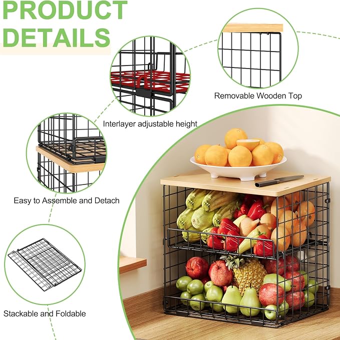 4 Pack Stackable Wire Baskets for Pantry Organizers and Storage, Pantry Baskets with Fixed Wooden Top, Fruit and Vegetable Storage Bins for Organizing Onion Potato Snack for Kitchen Cabinet/Countertop