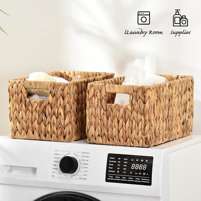 Water Hyacinth Rectangular Wicker Baskets, 12" Wicker Basket 2 Pack, Woven Storage Baskets with Handles