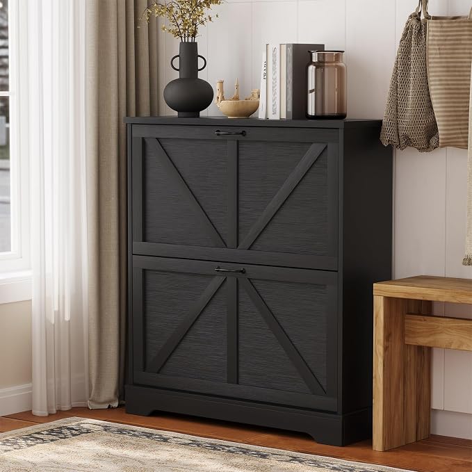 Semiocthome Farmhouse Shoe Storage Cabinet with 2 Flip Drawers, 31.5"(W) Freestanding Shoe Organizer with Barn Door and Metal Handles for Entryway, Corner Rustic Narrow Shoe Rack Cabinet - Black