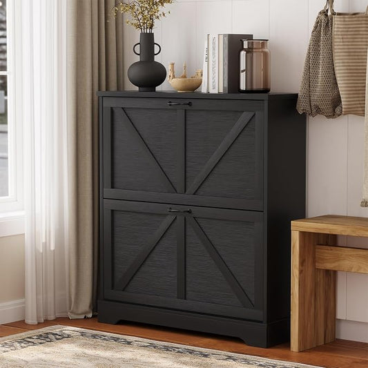 Semiocthome Farmhouse Shoe Storage Cabinet with 2 Flip Drawers, 31.5"(W) Freestanding Shoe Organizer with Barn Door and Metal Handles for Entryway, Corner Rustic Narrow Shoe Rack Cabinet - Black