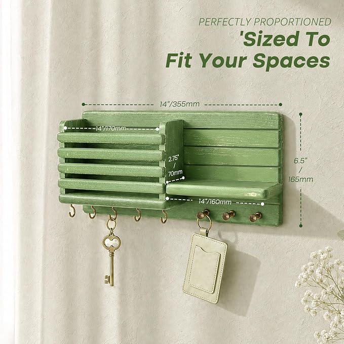 Rebee Vision Key Holder Wall Mount with 8 Key Hooks for Hoom Decor, Green | Key Holder for Wall, Mail Slot, Letter Storage, Mail Organizer, Key Hanger, Umbrellas, Floating Shelf, Home Organization