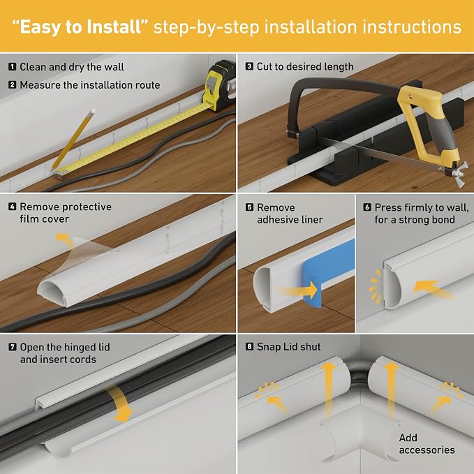 D-Line 157in Cord Cover Kit, Self-Adhesive Wire Hiders, Cable Raceway to Hide Wires on Wall, Electrical Cable Management - 10x 15.7 Lengths & 19 Accessories - 1.18" (W) x 0.59" (H) - Black