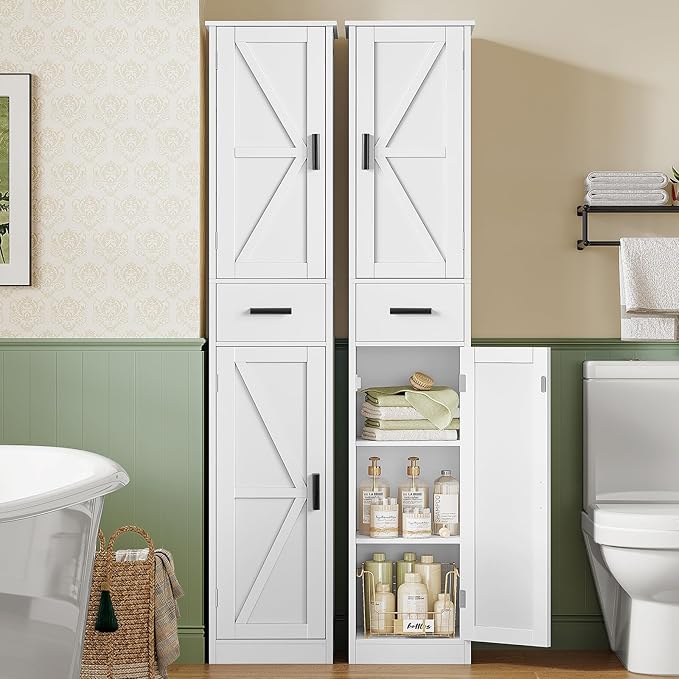 TEENFON 67 Tall Bathroom Cabinet with 6 Shelves & 1 Drawer, Narrow Storage Cabinet with Adjustable Shelves, Silm Cabinet for Living Room, Kitchen, White