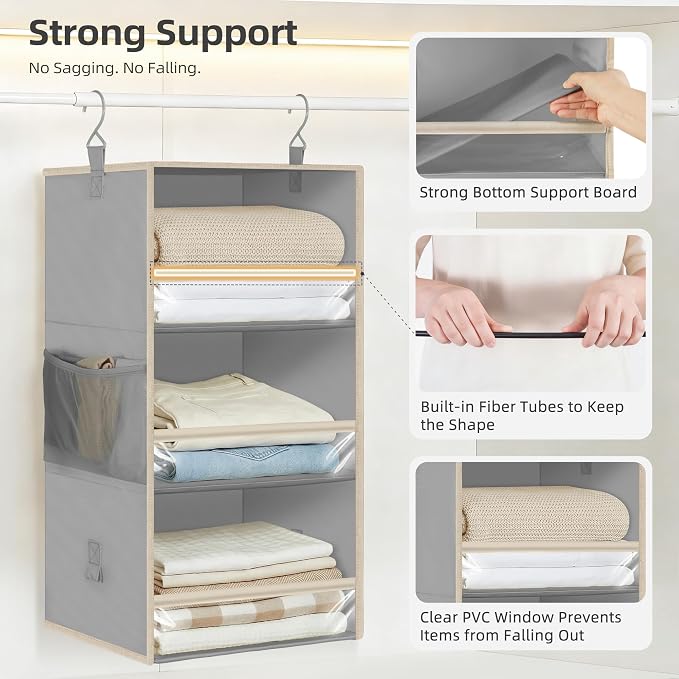 STORAGE MANIAC 6-Shelf Hanging Closet Organizer and Storage, 2 Separable 3-Shelf Haning Organizers for Closet, Collapsible Hanging Shelves Wardrobe Organization, College Dorm Room, Nursery, Gray