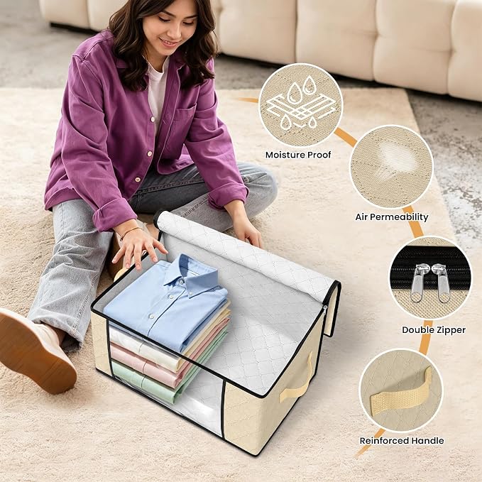 Fab totes 35L Closet Organizers and Storage, Foldable Under Bed Storage Containers, Storage bags for Organizing Bedroom, Closet, Clothing,Organization with Handle (4 Pack,Beige)