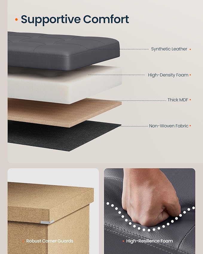 SONGMICS Home Foldable Foot Rest Stool, Storage Ottoman, Tufted Design, PU Leather, Easy Assembly and Cleaning, for Entryway, Living Room, Bedroom, 43.2 Inches, Dark Gray