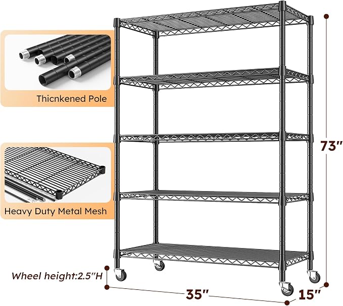 REIBII 5-Tier Storage Shelves 1660LBS Wire Shelving Unit with Wheels | 73''H heavy duty shelves,lock casters or switch to leveling feet, tool-free setup, fits kitchen,pantry,garage,black