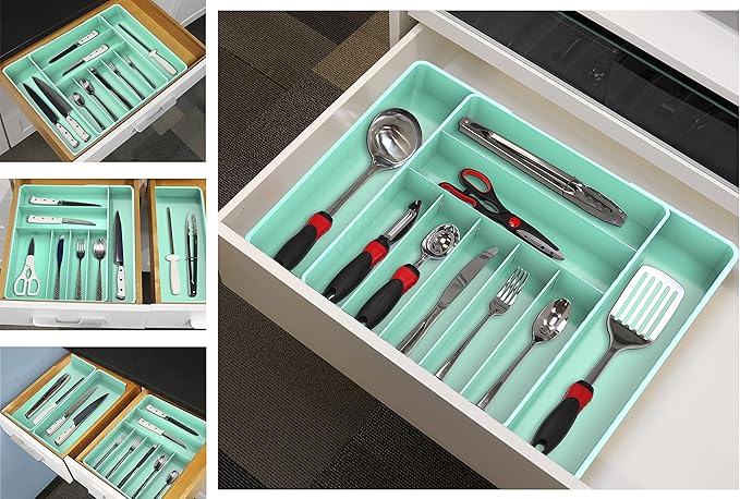 Simple Houseware Expandable Kitchen Drawer Flatware Organizer, Turquoise | Expandable & Adjustable Cutlery Drawer Organizer - Large Utensil and Flatware Tray for Kitchen Drawers
