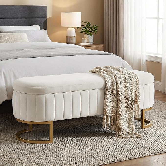 65" Velvet Storage Ottoman Bench End of Bed for Bedroom Entryway Beige