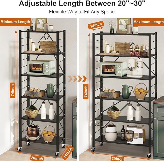Himix 6-Tier Foldable Storage Shelves with Wheels Adjustable Kitchen Black