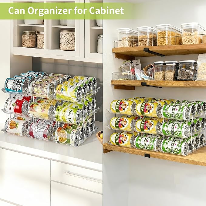 Can Organizer for Pantry, Stackable Food Pantry Storage Rack, 2 Tier | Automatic Rolling, Modular Storage, Clear Acrylic, Holds 24 Cans for Pantry, Cabinet & Fridge, Space Saving, Easy to Refill