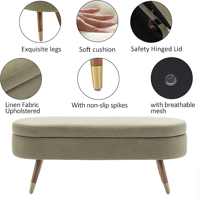 IAFIKE Oval Storage Bench 43.5" Ottoman Bench Upholstered Boucle Fabric Footrest Bench with Golden Metal Legs End of Bed for Bedroom, Living Room, Entryway,Bed Side (Green)