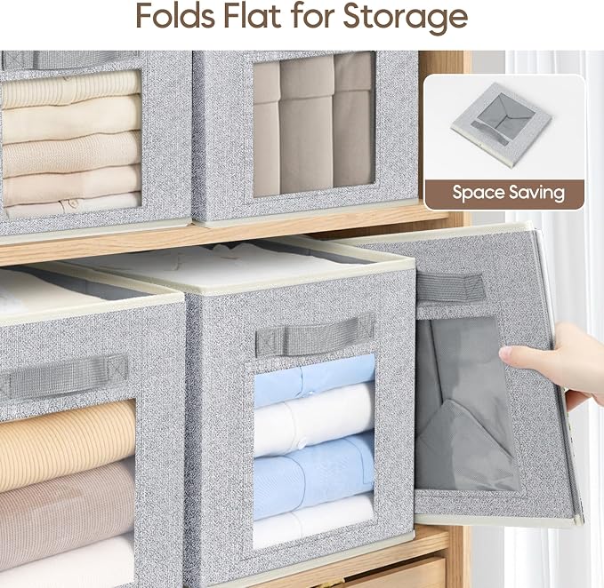 Foldable Storage Cubes - Square Organizer with Window, Decorative Baskets for Organizing, Fabric shelf Basket for Clothes, 11 Inch Closet Storage Cubes, Set of 12, Light Grey