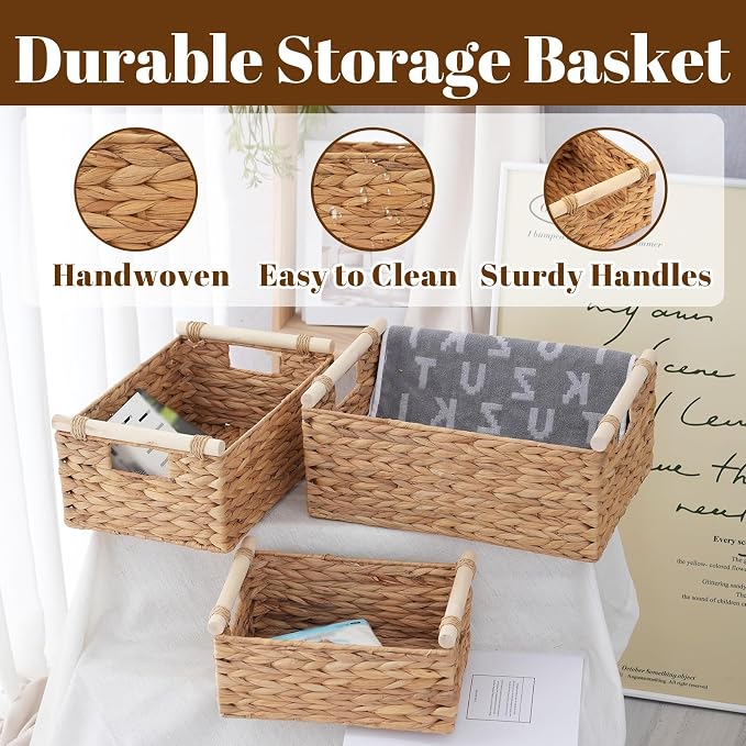 Woven Storage Baskets, Wicker Shelf Baskets, 3-Pack, 3 Sizes | 3-piece rectangular woven basket set in small, medium and large sizes; natural wicker organizers for shelves and cabinets.
