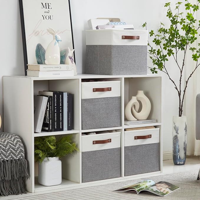 Bagnizer Collapsible Fabric Storage Cube Bins with 2 Reinforced PU Handles, Foldable Storage Organizer Baskets for Closet, Shelves, Living Room | 13"x13"x13", 4 Pack, Gray & White