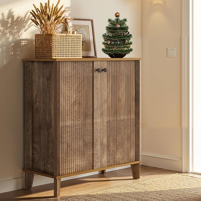 Little Tree Shoe Cabinet with Doors, 5-Tier Shoe Cabinet for Entryway, Modern Farmhouse Entry Way with 3 Adjustable & Removable Shelves for Entryway, Living Room, Mudroom, Rustic Brown